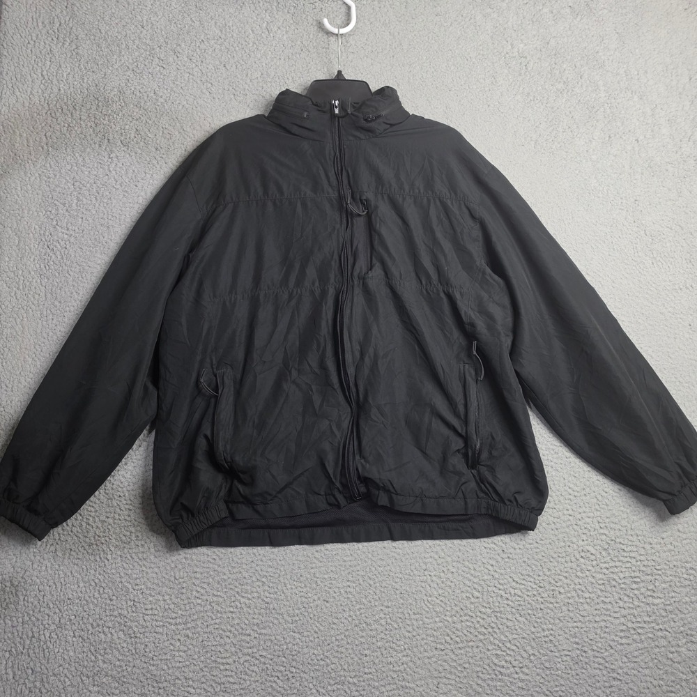 St Johns Bay Mens XL Black Full Zip Windbreaker Jacket Packable Hood Mesh Lined
